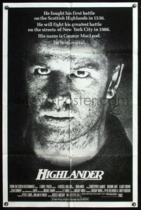 5q314 HIGHLANDER 1sh '86 huge close up headshot of immortal Christopher Lambert!