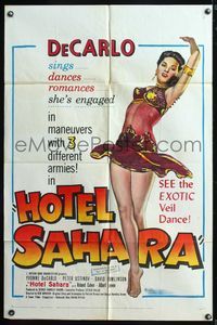 5q345 HOTEL SAHARA 1sh '51 full-length artwork of sexy exotic veil dancer Yvonne De Carlo!