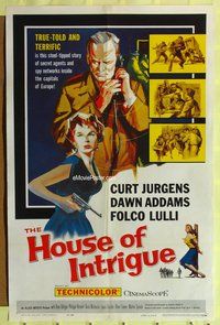 5q347 HOUSE OF INTRIGUE 1sh '59 cool artwork of spies Curt Jurgens & Dawn Addams!