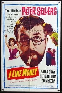 5q382 I LIKE MONEY 1sh '62 close-up of bearded Peter Sellers w/cigar, Nadia Gray!