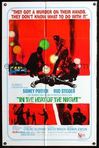 5q395 IN THE HEAT OF THE NIGHT 1sh '67 Sidney Poitier, Rod Steiger, Warren Oates, cool crime art!
