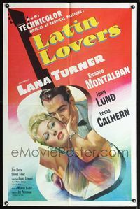 5q493 LATIN LOVERS 1sh '53 best huge kiss close up of Lana Turner & Ricardo Montalban!