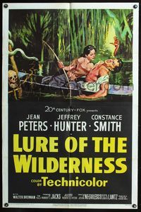 5q543 LURE OF THE WILDERNESS 1sh '52 art of sexy Jean Peters holding wounded Jeff Hunter in swamp!