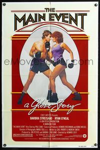 5q557 MAIN EVENT 1sh '79 great full-length image of Barbra Streisand boxing with Ryan O'Neal!