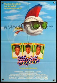 5q558 MAJOR LEAGUE 1sh '89 Charlie Sheen, Tom Berenger, wacky art of baseball with mohawk!