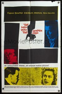 5q578 MAN WITH THE GOLDEN ARM 1sh R60 Frank Sinatra is hooked, classic Saul Bass artwork and design