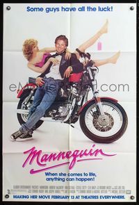 5q584 MANNEQUIN advance 1sh '87 great image of Andrew McCarthy & fake Kim Cattrall by motorcycle!