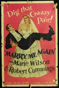 5q597 MARRY ME AGAIN style A 1sh '53 great art of Robert Cummings jumping on Marie Wilson!
