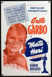 5q604 MATA HARI 1sh R63 close-up of Greta Garbo, temptress of the Secret Service!