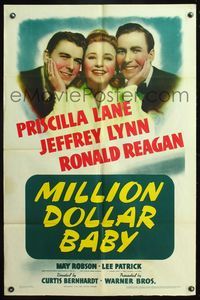 5q619 MILLION DOLLAR BABY 1sh '41 Priscilla Lane caught between Jeffrey Lynn & Ronald Reagan!