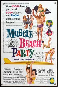 5q640 MUSCLE BEACH PARTY 1sh '64 Frankie & Annette, 10,000 biceps & 5,000 bikinis!