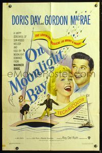 5q676 ON MOONLIGHT BAY 1sh '51 great image of singing Doris Day & Gordon MacRae on sailboat!