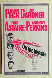 5q677 ON THE BEACH dayglo 1sh '59 art of Gregory Peck, Ava Gardner, Fred Astaire & Anthony Perkins!