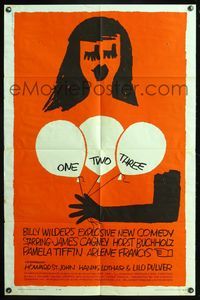 5q685 ONE TWO THREE 1sh '62 Billy Wilder, James Cagney, wonderful Saul Bass art of girl w/balloons!