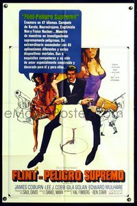 5q688 OUR MAN FLINT Spanish/U.S. 1sh '66 Bob Peak art of James Coburn, sexy James Bond spy spoof!