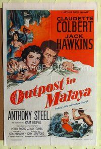 5q689 OUTPOST IN MALAYA 1sh '52 Claudette Colbert, Jack Hawkins, today's BIG adventure story!