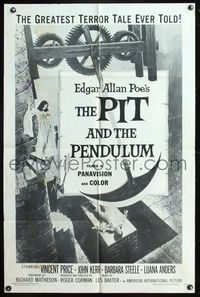 5q703 PIT & THE PENDULUM 1sh R67 Edgar Allan Poe's greatest terror tale, great horror art!