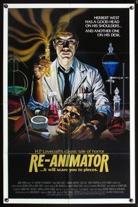 5q718 RE-ANIMATOR int'l 1sh '85 great different mad scientist & severed head horror artwork!