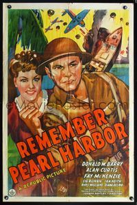 5q721 REMEMBER PEARL HARBOR 1sh '42 Donald Red Barry, Fay McKenzie, WWII, cool artwork!