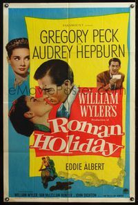 5q730 ROMAN HOLIDAY 1sh '53 Audrey Hepburn & Gregory Peck about to kiss and riding on Vespa!