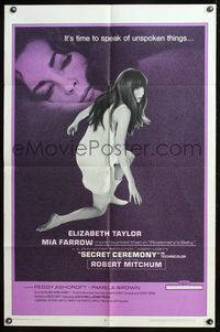 5q748 SECRET CEREMONY 1sh '68 Elizabeth Taylor, Mia Farrow, Robert Mitchum, Joseph Losey directed!