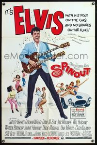 5q794 SPINOUT 1sh '66 Elvis playing a double necked guitar, foot on the gas & no brakes on the fun!