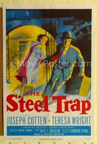 5q811 STEEL TRAP 1sh '52 art of Joseph Cotton & Teresa Wright stealing a million dollars!