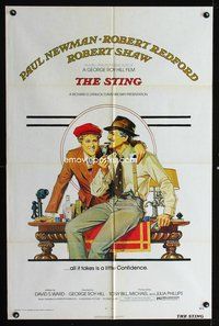5q821 STING 1sh '74 best artwork of con men Paul Newman & Robert Redford by Richard Amsel!