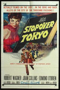 5q826 STOPOVER TOKYO 1sh '57 artwork of sexy Joan Collins & spy Robert Wagner in Japan!