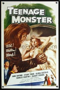 5q878 TEENAGE MONSTER 1sh '57 great art of wacky beast attacking sexy Anne Gwynne in bed!