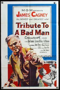 5q927 TRIBUTE TO A BAD MAN 1sh '56 great art of cowboy James Cagney, pretty Irene Papas!
