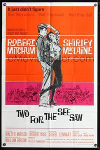 5q936 TWO FOR THE SEESAW 1sh '62 art of Robert Mitchum & sexy beatnik Shirley MacLaine!
