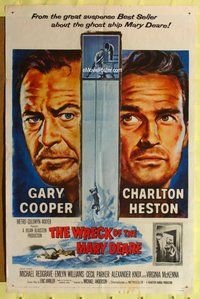 5q985 WRECK OF THE MARY DEARE 1sh '59 portrait artwork of Gary Cooper & Charlton Heston!