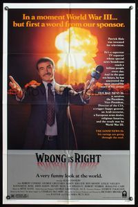 5q986 WRONG IS RIGHT 1sh '82 TV reporter Sean Connery in front of nuclear explosion!
