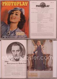 5t117 PHOTOPLAY magazine April 1936, smiling Joan Crawford with cool hat & brooch!