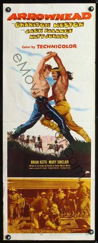 5r033 ARROWHEAD insert '53 art of Charlton Heston fighting Native American Jack Palance!