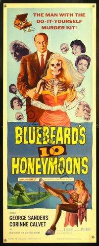 5r064 BLUEBEARD'S 10 HONEYMOONS insert '60 wild art of George Sanders with skeleton bride!