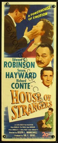5r219 HOUSE OF STRANGERS insert '49 Edward G. Robinson Richard Conte slapping Susan Hayward!