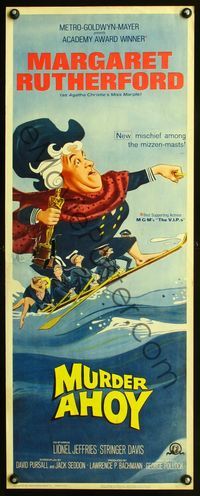 5r346 MURDER AHOY insert '64 funny art of Margaret Rutherford water skiing & holding Oscar!