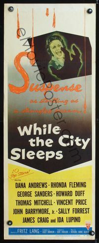 5r680 WHILE THE CITY SLEEPS insert '56 great image of Lipstick Killer's victim, Fritz Lang noir!