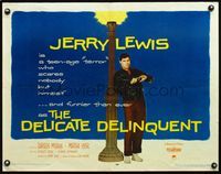 5s138 DELICATE DELINQUENT 1/2sh '57 wacky teen-age terror Jerry Lewis posing by light post!