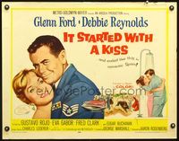 5s278 IT STARTED WITH A KISS 1/2sh '59 Glenn Ford & Debbie Reynolds kissing in shower in Spain!