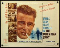 5s285 JAMES DEAN STORY 1/2sh '57 cool close up smoking artwork, was he a Rebel or a Giant?