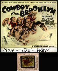 5v020 COWBOY FROM BROOKLYN glass slide '38 art of Powell, Pat O'Brien & Priscilla Lane on horses!