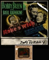 5v036 MAKE A WISH glass slide '37 Bobby Breen, Basil Rathbone & Marion Claire in wishbone!