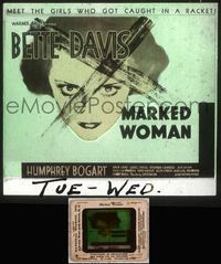 5v038 MARKED WOMAN glass slide '37 classic close up image of Bette Davis with X over her face!