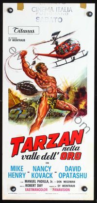 5w721 TARZAN & THE VALLEY OF GOLD Italian locandina '70 wild art of Mike Henry swinging grenades!
