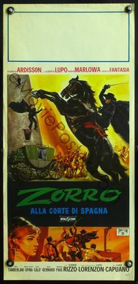 5w759 ZORRO IN THE COURT OF SPAIN Italian locandina '62 action art of masked hero on rearing horse!