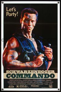 5x196 COMMANDO let's party 1sh '85 cool image of Arnold Schwarzenegger w/knife and grenades!