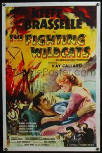 5x342 FIGHTING WILDCATS 1sh '57 art of Keefe Brasselle romancing Kay Callard, burning oil fields!